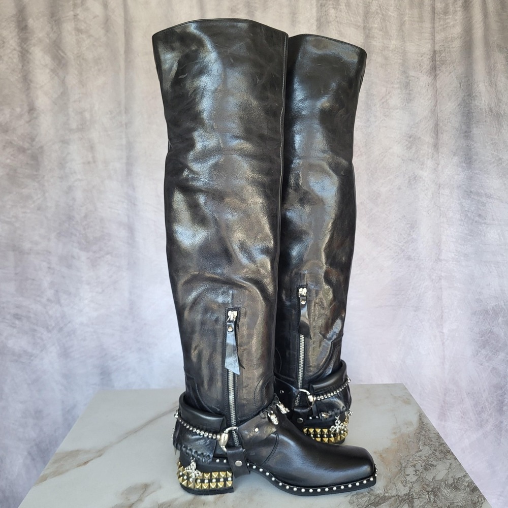 El Vaquero Tatiana Boots Womens Size 6.5 Black Leather Studded Over The Knee - Picture 9 of 16